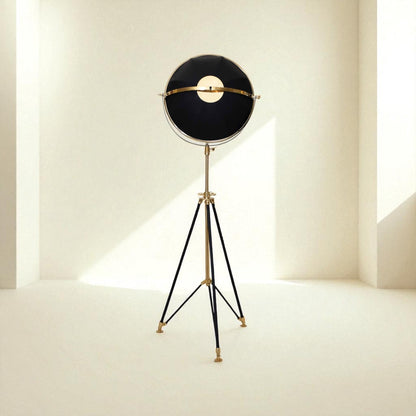 Floor lamp with black shade and gold accents on a white background