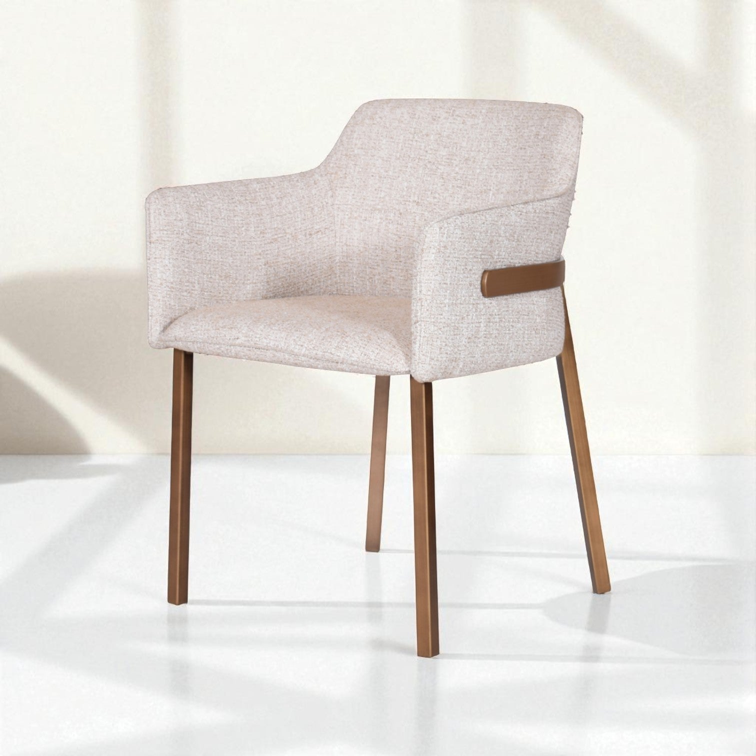 Chair with beige fabric seat and backrest and wooden legs on a white background