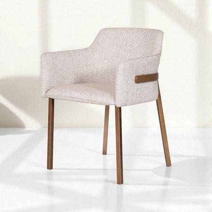 Chair with beige fabric seat and backrest and wooden legs on a white background