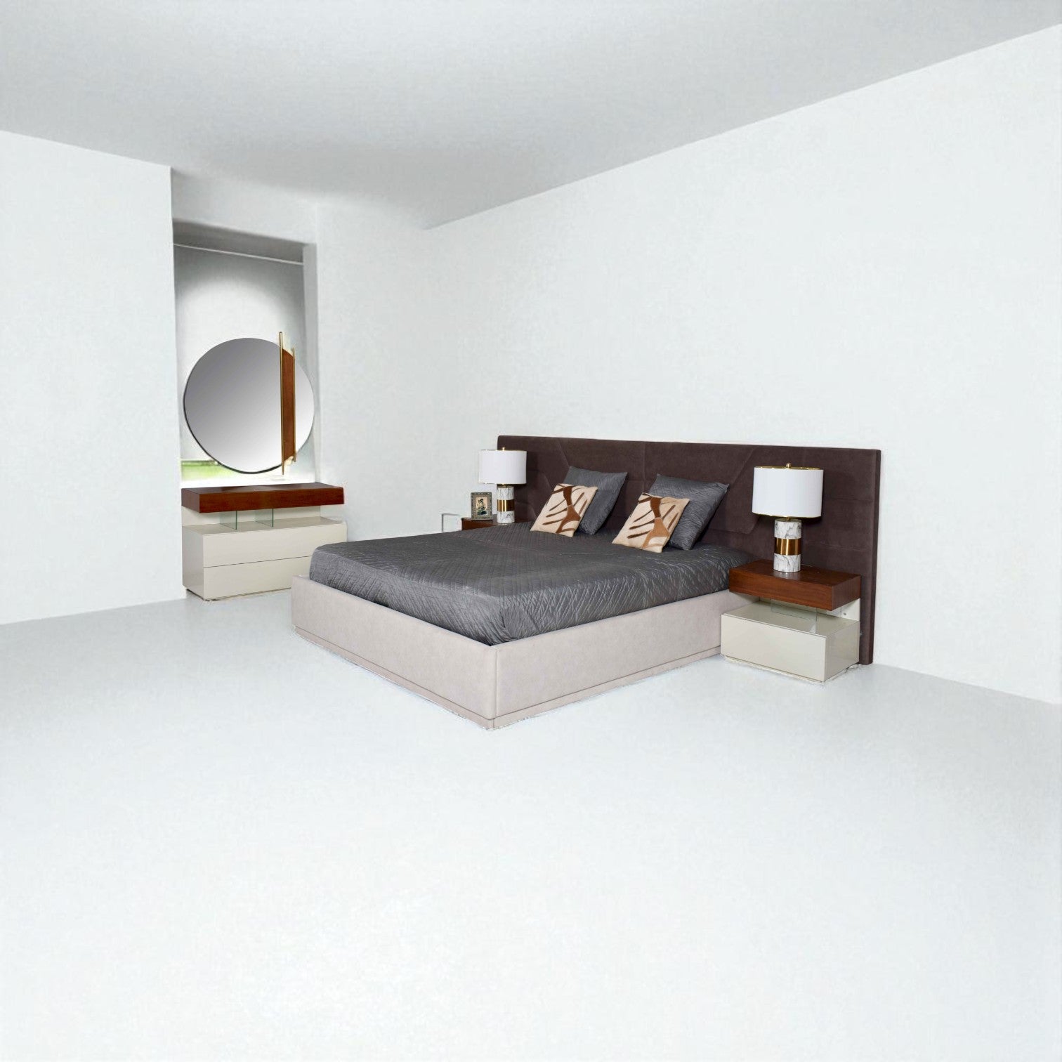 Modern bedroom with a beige bed, dark upholstered headboard, geometric pillows, white nightstands, silver lamps, and a round mirror above a dresser in a bright minimalist space.