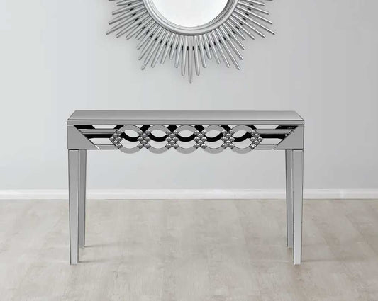 This beautiful console has a round mirror design border & mirrored legs with mirror