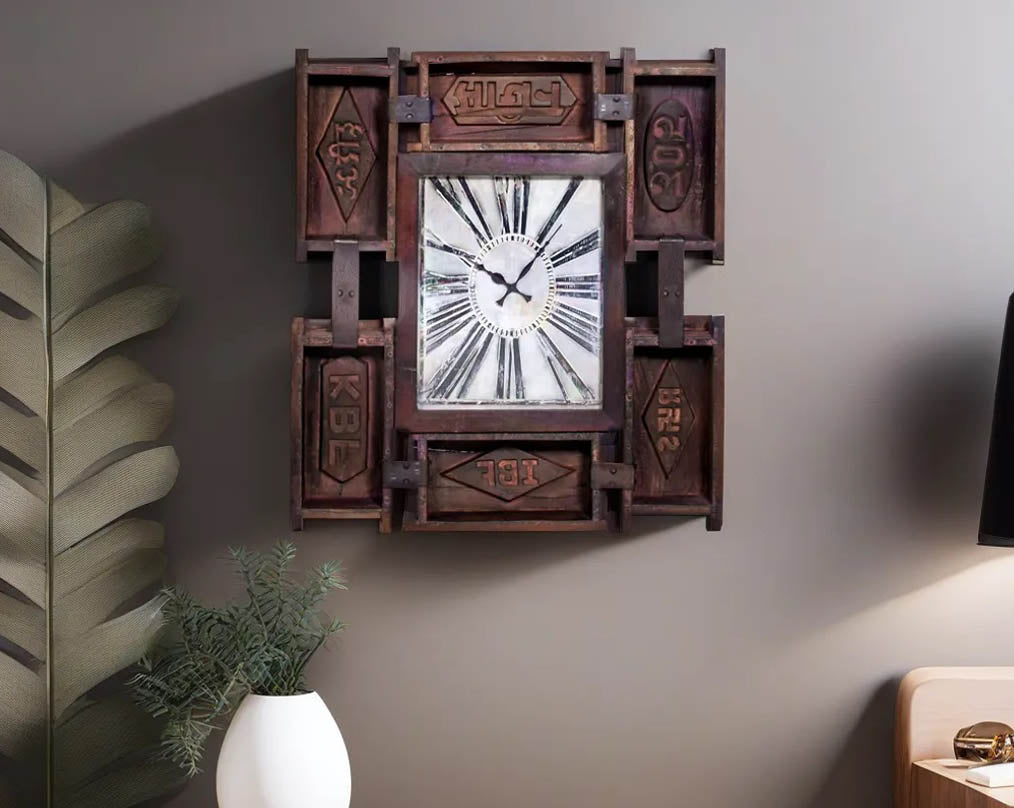 Square wall clock in recycle brick and mould antique finish.