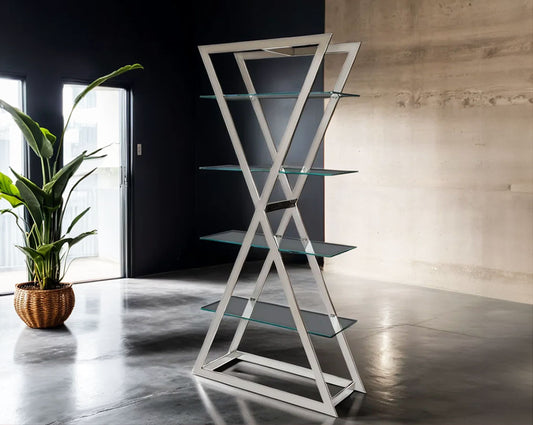 Defined by its essence this display unit relishes a premium look with its clear glass shelves seated on a vertically crisscross stainless steel frame. This is a majestic and elegant display unit which will bring a touch of class to your home.