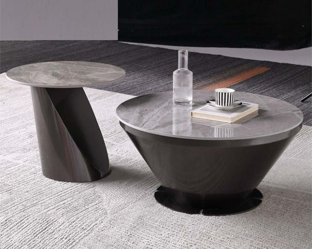 This round coffee table with sintered stone comes with a stainless steel titanium finished conical base bringing a rich contemporary luxurious style to any living room with living room