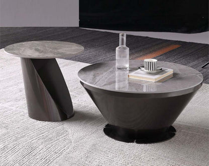 This round coffee table with sintered stone comes with a stainless steel titanium finished conical base bringing a rich contemporary luxurious style to any living room with living room