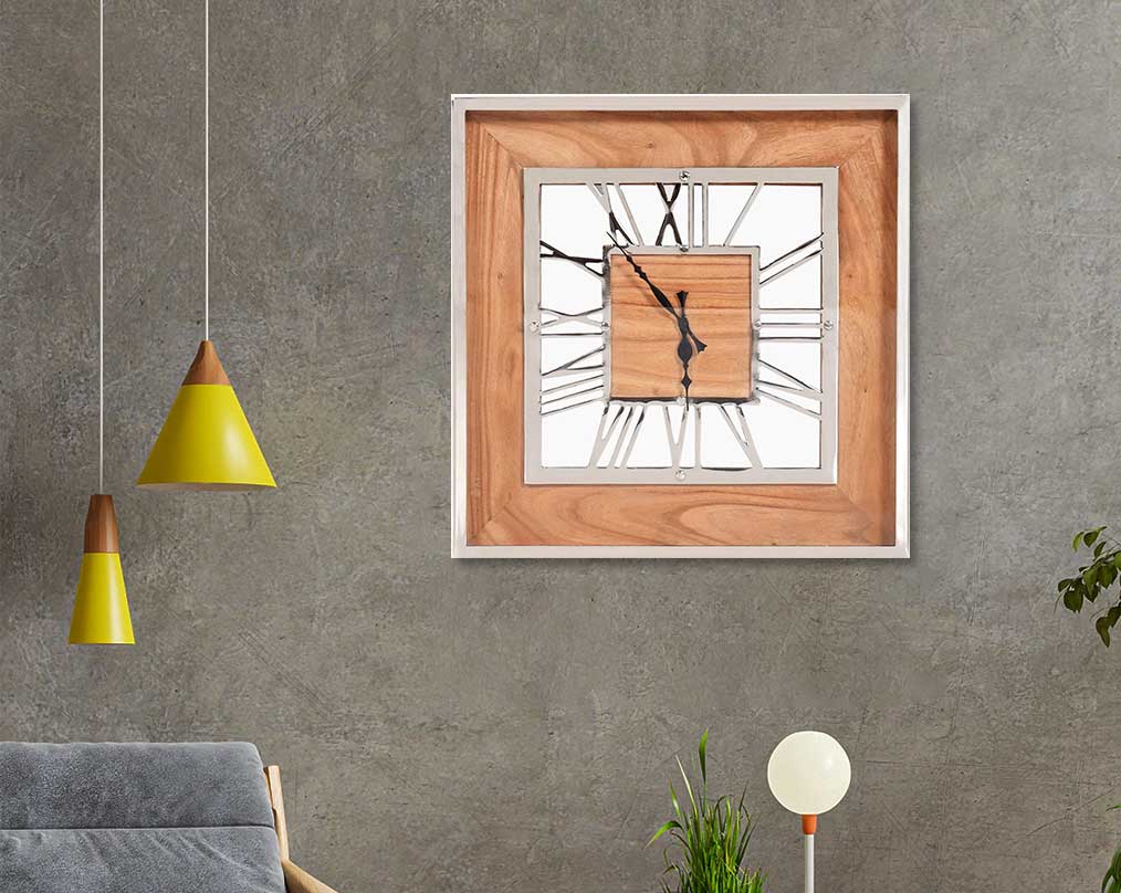 Square wall clock in nickel and wood in natural polish with roman numerals with sofa set