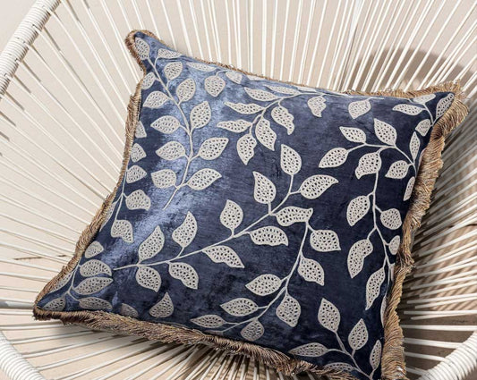 Beige & grey with felt fringes embroidered poly silk cushion.