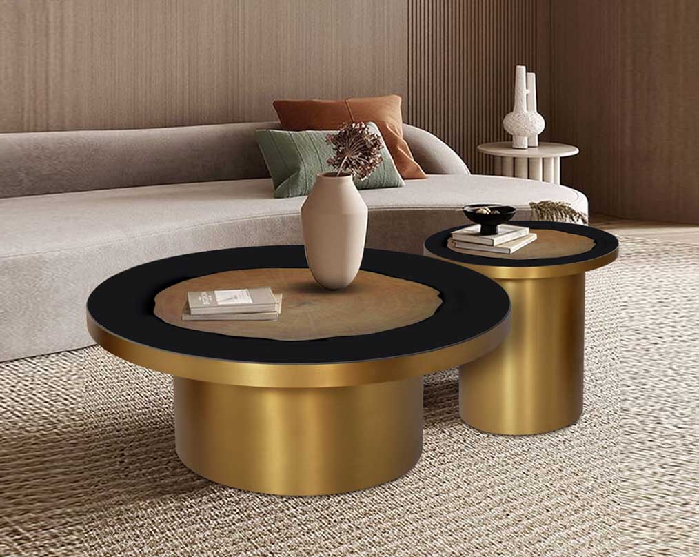 This sleek round black tempered glass with veneer inlay top coffee and End table with a tubular stainless steel matt gold finished base brings a rich contemporary luxurious style to any living room,
